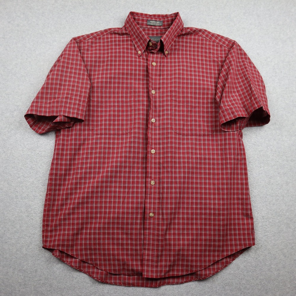 Van Heusen Shirt Mens Medium Plaid Wrinkle Free Broadcloth Button Short Sleeve